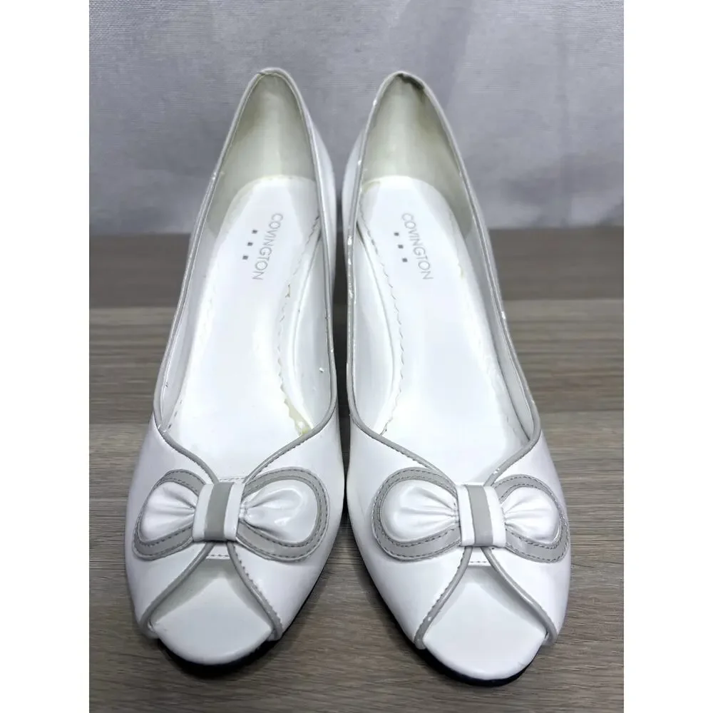 Covington White Taupe Retro‎ Bow Peep Toe Bridal Event Heels